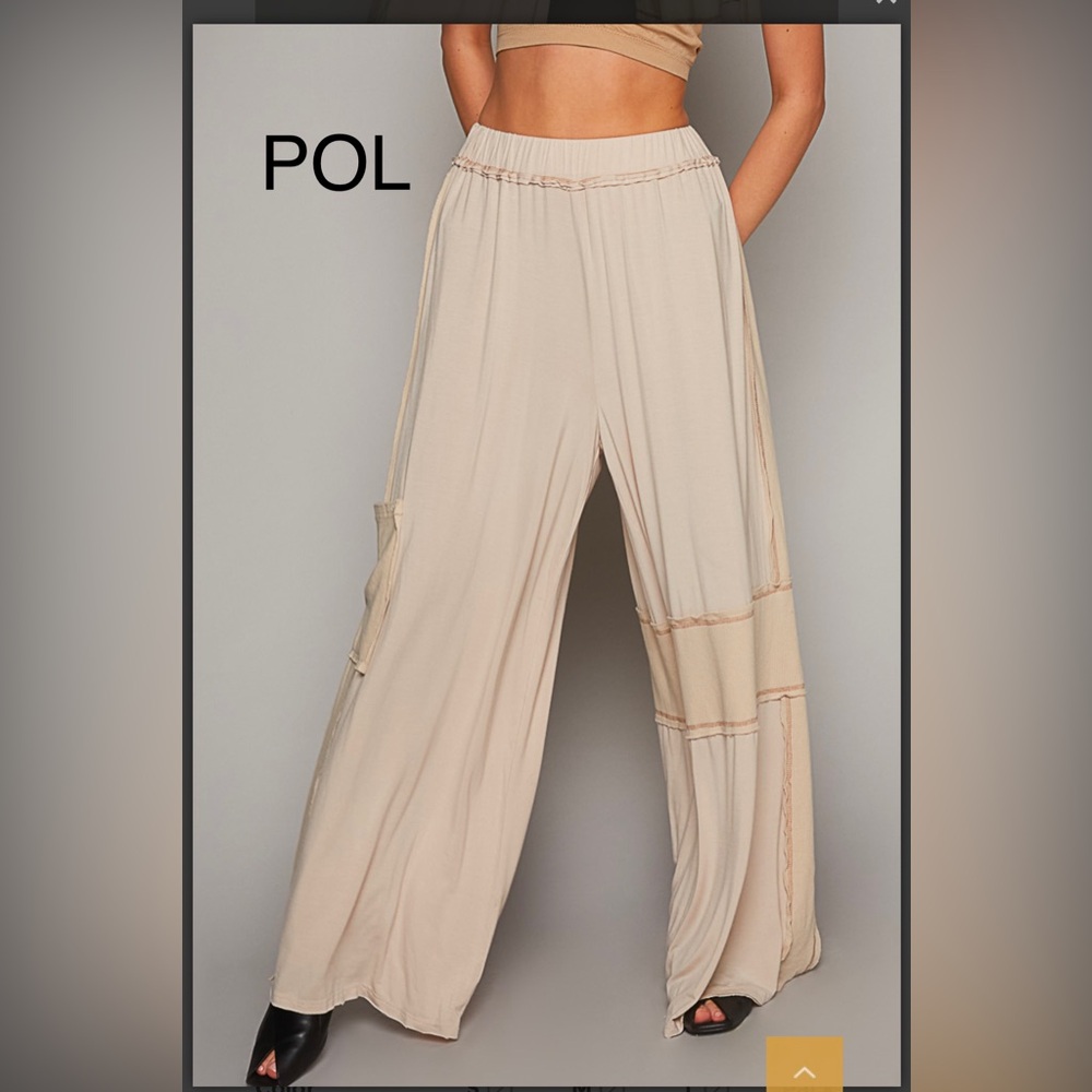 171. NWT POL Tan and Cream Mixed Media Wide Leg Pants - Picture 2 of 6